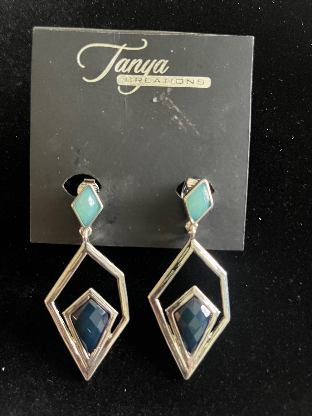 Blue and Teal Geometric Drop Clip Earrings